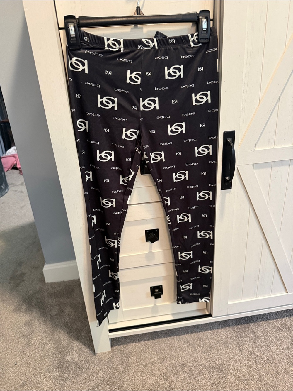 bebe Black Leggings with White All-Over Logo